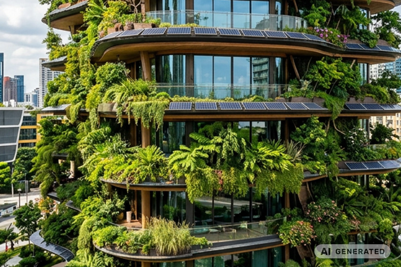 Ein mehrstöckiges futuristisches Gebäude mit Glasfassade und Balkons in einer Großstadt. Die Fassade ist begrünt und rund um die Balkongelände sind Photovoltaik-Module angebracht.